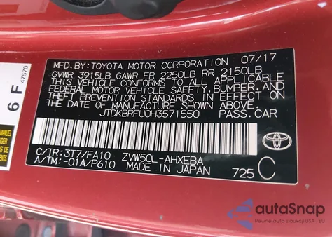 2017 Toyota Prius One z USA, uszkodzony, nr VIN JTDKBRFU0H3571550
